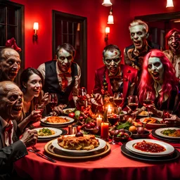 Photograph of a happy year-end dinner of a clique of zombie creatures in hypermaximalist style, photorealism