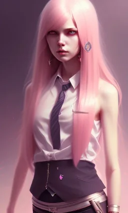 girl, cute, beautiful, pink hair, brown eyes, long hair, bangs, knife in hand, blood on face, by Greg Rutkowski, big boobs, blazer, skirt, yandere