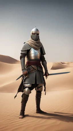 A Muslim knight, strong build, holding a sword, standing in the desert, face masked, soldiers behind him