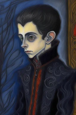 create a 3/4 profile, full body oil pastel of a dark haired, ornately dressed, goth vampire boy with highly detailed , sharply defined hair and facial features , in a foggy 19th century Moscow, in the style of JEAN-FRANCOIS MILLET