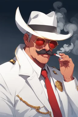 An old male crimson red demon wearing a white and gold police comisioner outfit, he is also wearing glasses, he has a white scruffy mustache, and a small black fedora, he also smoking a cig.