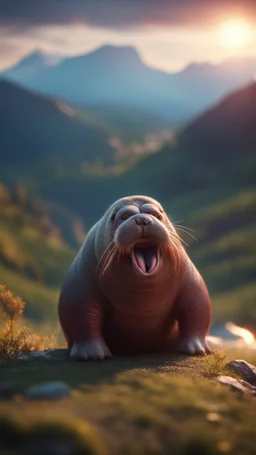 Vampire walrus in carpathians montains sun set ,bokeh like f/0.8, tilt-shift lens 8k, high detail, smooth render, down-light, unreal engine, prize winning