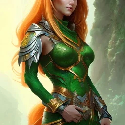 woman, heroic fantasy, insanely detailed, orange and white hair strands, green eyes, kind, shy