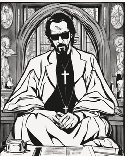 hans gruber as an irritated priest wearing red sunglasses