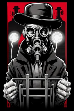 man with hat (wide and flat brim and a flat top) shading face, wearing a gas-mask standing, beside an electric-chair, vignette, black and white graphic novel style with a red outline on black background, gothic horror