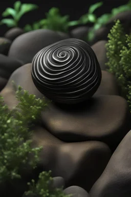 photorealistic , photo studio, close up of an handmade 3d black rock, painted with metallic fluorescent spiralling texture