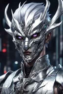 silver skinned anime Dragman cyberpunk with dragon mask in his eyes