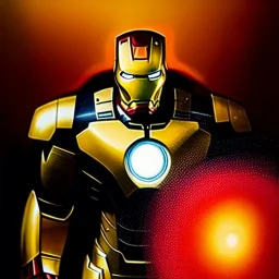 fullbody portrait in oil on canvas of ironman with Big Golden Hulkbuster armor, intense stare, masterpiece, realistic, intricate detail, sci-fi fantasy style, volumetric lighting, particles, highly detailed ,cinematic , deep colours, 8k, by Kaare Andrews and caravaggio and simon Bisley.