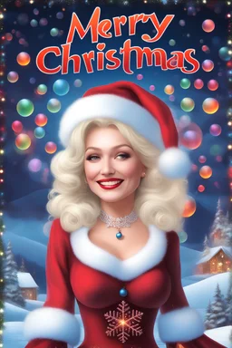Christmas Themed -- text "Merry Christmas," Multicolored 3D Bubbles, multicolored, Floating 3D hearts with an electrical current, fog, clouds, somber, ghostly mountain peaks, a flowing river of volcanic Lava, fireflies, a close-up, portrait of 20-year-old Dolly Parton as Mrs. Santa Claus, smiling a big bright happy smile, wearing a red bikini with white ruffles, black fishnet stockings, black, knee-high platform boots, in the art style of Boris Vallejo