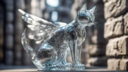 giger escher cat angel sculpture in transparent murano glass in front of stone wall,bokeh like f/0.8, tilt-shift lens 8k, high detail, smooth render, down-light, unreal engine,bokeh like f/0.8, tilt-shift lens 8k, high detail, smooth render, down-light, unreal engine