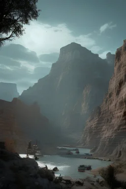 Generate 'The Great Divide' town at a deep chasm's tip. Symmetrical layout along canyon walls. Blend semi-midwest, futuristic styles. Showcase mystic life, unique flora, fauna, glowing plants. Town is a global research hub with labs, observatories, researchers exploring mystic life. Enhance atmosphere with soft lighting, capturing magic.