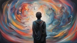 "Visualize an artistic scene where sad quotes are floating in the air around a central figure, who is surrounded by a whirl of colors and abstract forms. This figure is partially transparent, suggesting vulnerability and openness to emotional experiences. The background should be a blend of dark and light strokes, symbolizing the complex nature of human emotions."