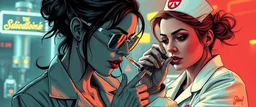 cyberpunk mega city fallout 4, airbrush and pen outline, A cinematic, high-end advertisement image for a fictional service called “Business Women Spice Girl Nurse Glam Fashion Party™”. Split-screen composition with two contrasting emotional states. Mad scientist getting injected.