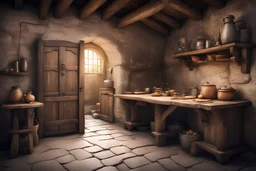 fantasy medieval kitchen with a table and an open door