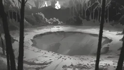 A smoking meteor crater in the middle of a dark dry forest