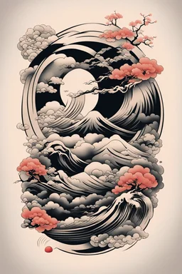 Create a captivating modern 2d Japanese tattoo design for print , using the elegant influences of japan art style, for print, dynamic elements from fashion and design, and bold Japanese art aesthetics, framing centered in the center, distanced from the edges of the paper perimeter, perfect anatomy, bauhaus, Divine Proportion,