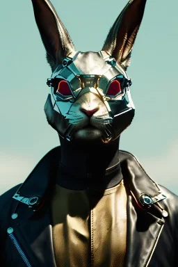 Medium Close Up Portrait, Front image. cyberpunk, rabbit mask, British man, white short hair. leather, gold suit. White, black, red, color. Retro futuristic style. Color background, photo studio. Avatar image, highly detailed, concept art, smooth, unreal engine 5, god rays, ray tracing, RTX, lumen lighting, ultra detail, volumetric lighting, 3d, finely drawn, high definition, high resolution.