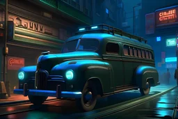 aN old 1952 GMC suburban cary all, WAGON,car in a cyberpunk city with a lot of light letters blade runner style