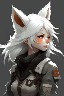 kitsune, girl, white hair and fox ears,fluffy ears,combat fatigues,black background,hight details, high quality,simple drawing style,fantasy
