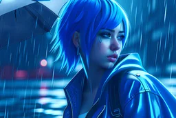 Pretty girl, blue hair, detailed face, cyberpunk, rain, atmospheric fog, ambient occlusion, ray tracing, sexy clothes, motorcycle