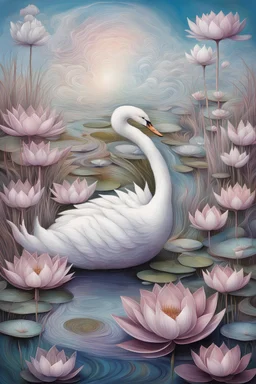 multi-layered and multidimensional structure, grasses, strange sky,amorphous swan, water lilies, unusual flowers,intricate, beautiful landscape,eggplant color,fractally, surrealism,careful drawing of details,clear contour,photorealism, botanical style,pink, white,pale blue, biryusa,mother-of-pearl luster,curls, curls, a lot smoke, beautiful,realistic, bright lighting, high resolution, high detail,bright colors, high quality, aesthetically pleasing, professional photo, 64k - - w 518