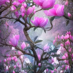 a magical crystal flower lys bougainvillier,snow, blue gold house castle in the woods, magnolias pink,blue lake,sun,white swanns,pink vertical, blue lake,sharp, vines, candlelit, endor, ornate, elegant, highly detailed, artstation, concept art, smooth, sharp focus, illustration, 8k, splash art, wallpaper, key visual