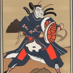 Ukiyo-e style illustration of Bighorn Ram warrior holing a football