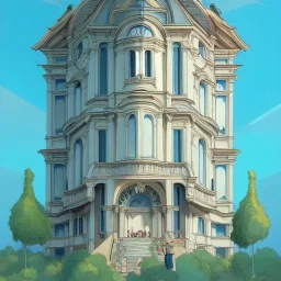 A Vignola classicism Architecture building with modern glass and trees +detailed facades+highly detailed++ Book illustration by Gediminas Pranckevičius, Jean Baptiste Monge, Brian Kesinger, Anton fadeev, strong lines, high contrast vibrant colors, 16k resolution, trending on behance""