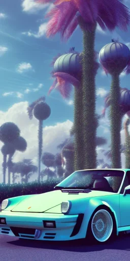 1980's aesthetic vaporwave palm trees and spheres and Porsche with lightning