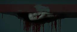 a faceless woman covered in blood holding up a black rectangular box