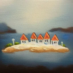 tiny oil painting of tiny seaside village, plain white background, solid white background, tiny white canvas, tiny white frame, melancholy, tender, moody, vintage, delicate arrangement, beautiful composition, etsy, aesthetic layout, plain solid white background