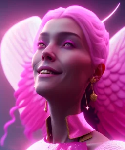 A portrait of gourgeus smiling angel queen, sweet ligth pink atmospheric, realistic, unreal engine, cinematic lighting, octane render.