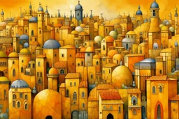 A yellowish orange colored constructed city with crystals painted by Diego Rivera