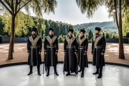 a group of men standing next to each other, female dancer, softair arena landscape, made in 2019, black cylindrical hat, olympics ceremony, islamic interior design, exhibition display, panorama shot, Siona Shimshi, woodlands style, 2019, caravagio, general uniform, ymmetrical