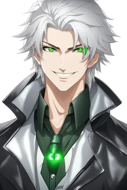 plauge doctor in balck leather coat and suit with silver hair, pale skin and bright green eyes smiling with sharp teeth, nice young face, male, viscious smile