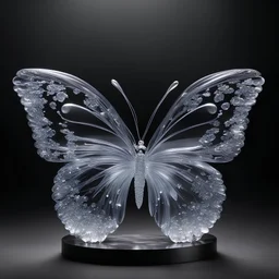 Create a breathtaking crystal quartz glass sculpture of a delicate butterfly embodying mesmerizing translucent effects against a plain dark shaded background. Craft a scene where the interplay of light and glass produces a captivating visual symphony. Consider the intricacies of the sculpture's form, the subtle nuances of transparency, and the contrast against the deep darkness of the backdrop to elevate the overall aesthetic. Let your imagination fuse with the essence of the butterfly to evoke