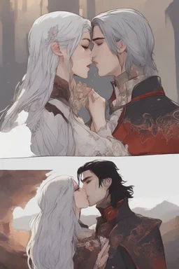 A couple from the dnd game curse of Strahd kissing, kiss, kissing She has white hair he has long black hair.