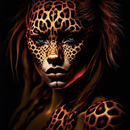 candy leopard, portrayed with the intricate facial features and extremely detailed pupils characteristic of Stefan Gesell's style, blended with the elongated forms and dramatic chiaroscuro reminiscent of El Greco, conveyed through a light painting technique with push processing, incorporating holographic elements for a dreamy, vibrant effect, soft skin texture, clarity achieved, supporting a perfect composition, cinematic atmosphere, delicate detail