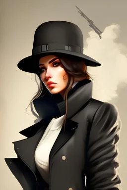 Gangster and gangster girl, in long black coat, hat, rifle in hand.