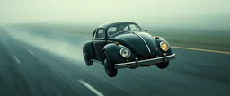 a high definition screen shot of a jet-fighter vw-beetle, retrofuturistic, phototrealism, in flight, one subject, rough weather