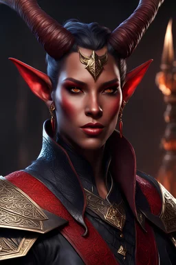dnd character art of a tiefling warlock. high resolution cgi, short small horns, small delicate ears, red skin, unreal engine 6, high detail, intricate, cinematic.
