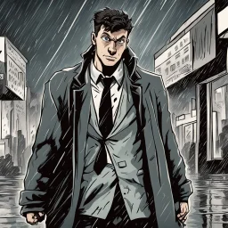 a closeup of a maniacal young man in a heavy coat during a rainstorm cartoon