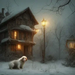 sad, abandoned, miserable dog tied outside of a house, winter, 8k resolution, high-quality, fine-detail, intricate, digital art, detailed matte, volumetric lighting, illustration, 3D octane render, brian froud, howard lyon, selina french, anna dittmann, annie stokes, lisa parker, greg rutowski