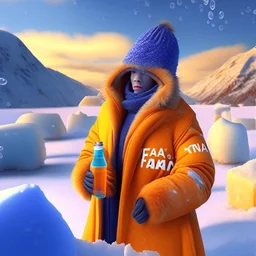 A juice producer wears FANTA a winter coat and wears a winter hat found in the place of nature in the Eskimo and in the back there are snowy icebergs HIGH DESIN IN . 8K . REALISTIC .HIGH RESLOLUTION...V4..AR 2.3