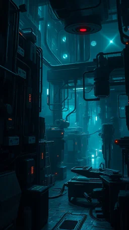 Si-Fi, The Island of Dr.atmospheric lighting effects, intricate industrial details, moody atmosphere, eerie grimdark ambiance, complex motherboard accents, speculative fiction art. Bokeh