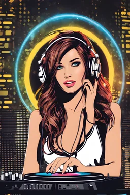 Photography super model pretty girl with headphones playing music on a turntable, dj rave party disco club