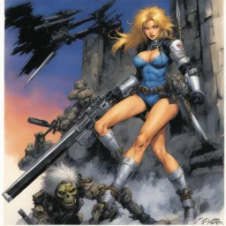 #5 Original coloured Art by masamune shirow Vortex Comic, 1988: female zombie slayer with weapons