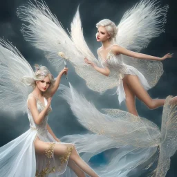 fantasy fairy with wings, smiling, make up, long platinum blond hair