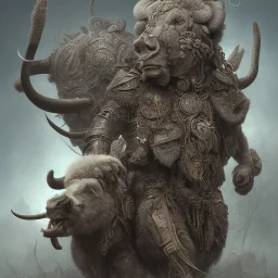 a Buffalo warrior in black and neon battle armor, a highly detailed illustration, background of Inka jungle, realistic render, 8 k, micro detail, intricate, elegant, centered, digital painting, Artstation, smooth, sharp focus, illustration, artgerm, tomasz alen kopera, peter mohrbacher, donato giancola, joseph christian leyendecker, wlop, boris vallejo