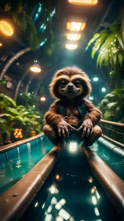 fish-eye photo of furry hairy pimp rocker alien gremlin sloth on bridge over water slide magically levitating in dark lit reflective wet jungle hall hotel tunnel, in the style of fallout 4 game,bokeh like f/0.8, tilt-shift lens 8k, high detail, smooth render, down-light, unreal engine, prize winning